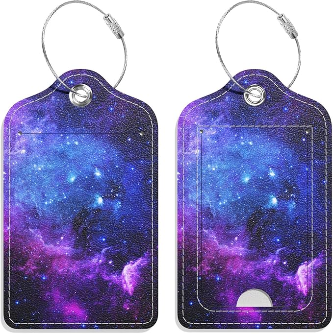 Luggage Tags for Suitcase, 2 Pack PU Leather Travel Cruise Luggage Tag with Privacy Flap, Name ID Label and Metal Loop for Women Men Suitcase Baggage Bag Backpack Instrument, Mysterious Galaxy