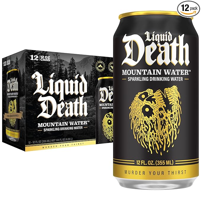 Liquid Death Sparkling Mountain Water, Real Mountain Source, Ice-Cold Cans, Infinitely Recyclable, 12 Fl Oz (Pack of 12)