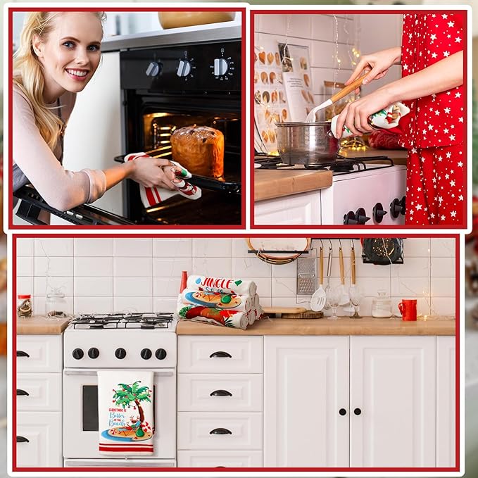 Preboun 6 Pcs Beach Christmas Kitchen Towels Hawaii Tropical Decorative Hand Towels Santa Gingerbread Man Merry Christmas Dish Cloth Farmhouse Tea Cloth Bathroom Decor