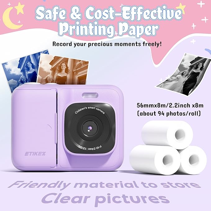 ETIKEZ Instant Print Camera for Kids, HD Digital Camera, Christmas Birthday Gifts for 4 5 6 7 8 9 10 Year Old Girls Boys, Portable Toy Camera with 32GB SD Card & 3 Rolls Printing Paper, Violet