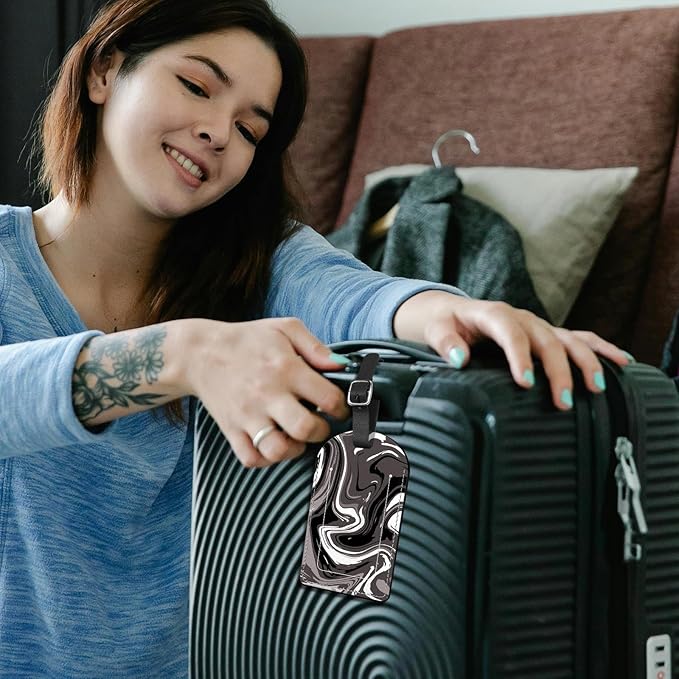 2 Pack Luggage Tag Suitcase Tags PU Leather Identifiers Privacy Cover Luggage Tags Aesthetic Cute Travel Bag Labels for Women Girls Men-Black Fluid
