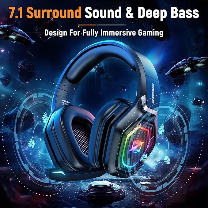 Ozeino Wireless Gaming Headset with Flip Microphone, RGB Lighting Gaming Headphones for PS5, PS4, PC - 2.4GHz USB & Type C Transmitter