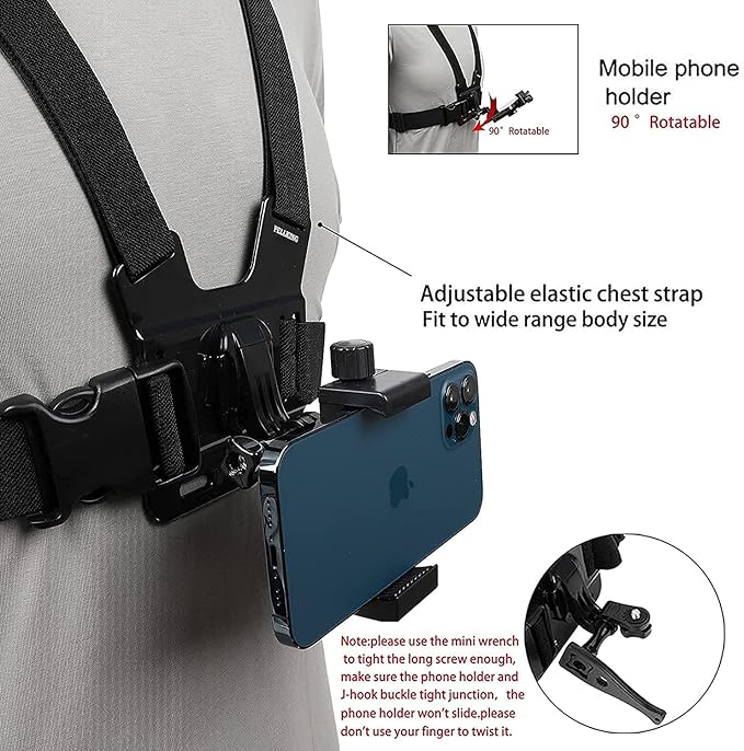 PellKing Mobile Phone Chest Strap Harness Mount Head Strap Holder Kit for POV/VLOG,Cell Phone Clip Compatible with iPhone,Samsung,GoPro Hero 9, 8,7, 6, 5, 4, 3,2, 1,AKASO,DJI Osmo,and Action Cameras…