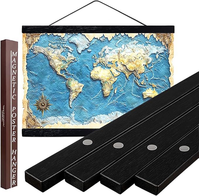 DACRI HOME Magnetic Poster Hanger Frame - Teak Wood, 12 inch Sturdy Magnetic Frame with Strong Magnets for Hanging Posters, Pictures, Scroll Wall Art, 12x16 12x18 12x24, Black