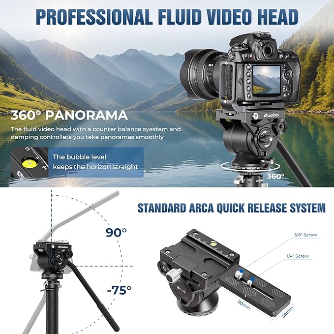LEOFOTO Carbon Fiber Monopod with Removable Feet and Fluid Head, 63" Professional Telescopic Video Monopod for DSLR Video Camera, Folded Height 27"