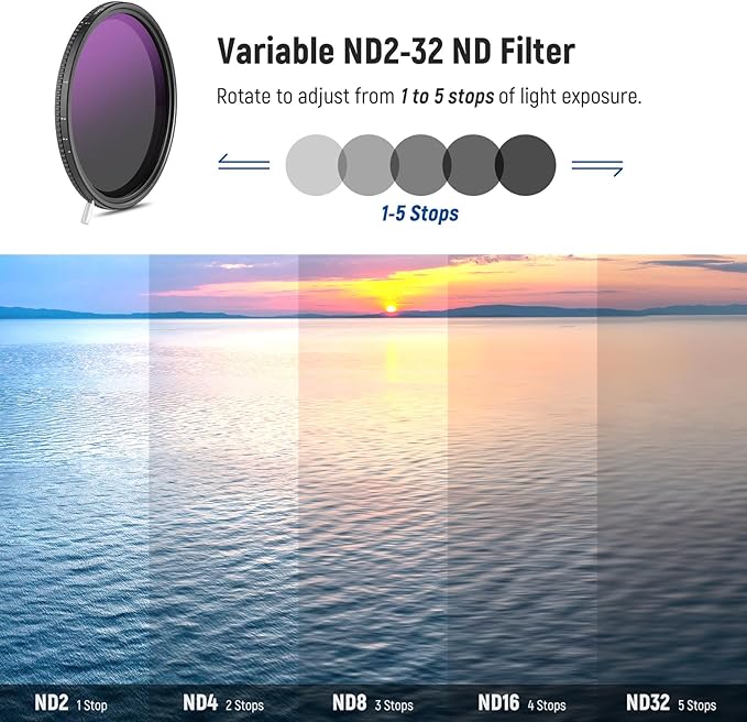 Neewer HD True Colors 52mm Variable ND Filter ND2-512 (1-9 Stops), VND Filter & Magnetic ND32 Lens Filter, Multi Coated Neutral Density Filter, No Color Shift/No X Cross/No Vignetting