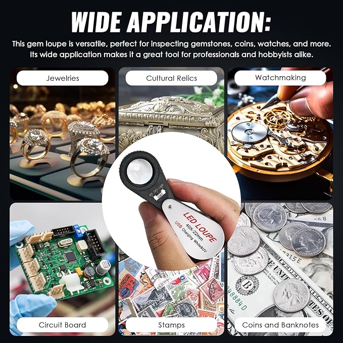 40x Jewelers Loupe Magnifier with UV & LED Lights, 22mm Triplet Lens Rechargeable Jewelers Loupe Foldable Jewelry Magnifier Portable Jewelry Magnifier Inspection Loupe for Gems, Jewelry, Coins, Rocks