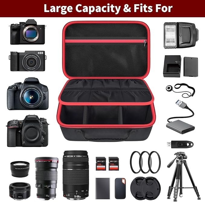 Camera Case for Canon EOS Rebel T7/R50/R6 Mark II/R100, for Sony Alpha 7 IV/ ZV-E10/ A6400/ A6700/A6100, for Nikon D7500 DSLR SLR Cameras, Bag for Lens/ Battery/ Tripod, with Shoulder Strap - Box Only