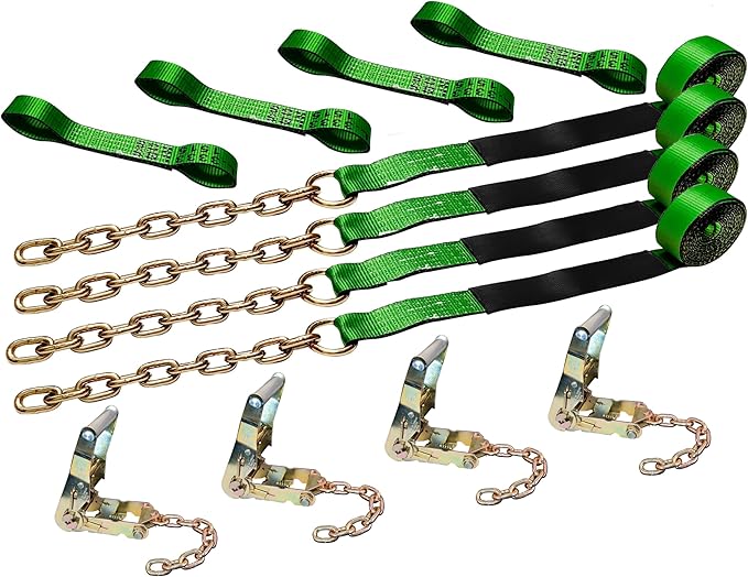 Mega Cargo Control USA 8 Point Tie Down Kit, Green Rollback Towing Strap Set with Black Sleeve Protectors - Car Hauler Set for Flatbed, Tow Truck, Side Mount