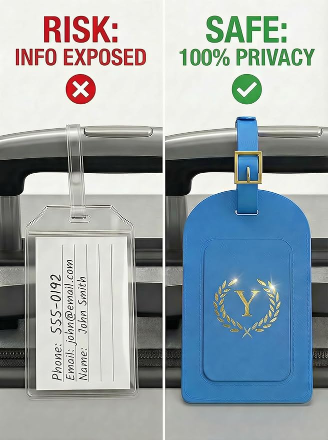 Luggage Tags for Suitcases 6 Pack PU Leather Travel Bag Tags with Privacy Cover & Stainless Steel Buckle, Vegan Leather Name ID Labels for Travel Bags, Cruise, Airline, Backpack, Baggage Identifier(Y)