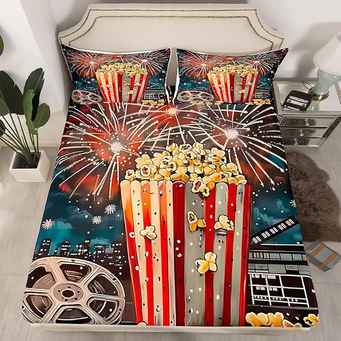 Erosebridal Movie Theme Bed Sheets Set Twin Size for Kids Boys Girls,Delicious Popcorn Sheet Set,Vintage Cinema Style Sheets,Fireworks Flat Fitted Sheet with 1 Pillowcase Deep Pockets
