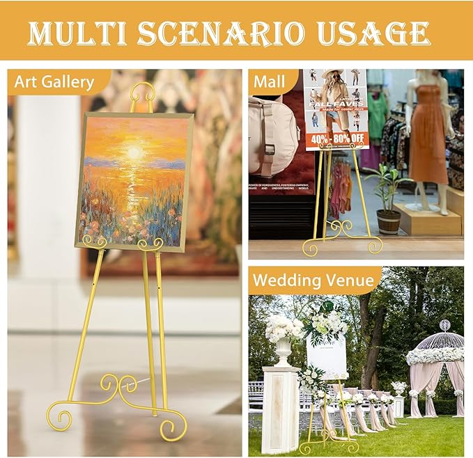 Display Easel, Metal Round Tube Scroll Vintage Gold Decorative Adjustable Floor Standing Easel with Chain Support, Perfect for Showcasing Pictures, Artwork, Picture Frame Wedding Sign Etc