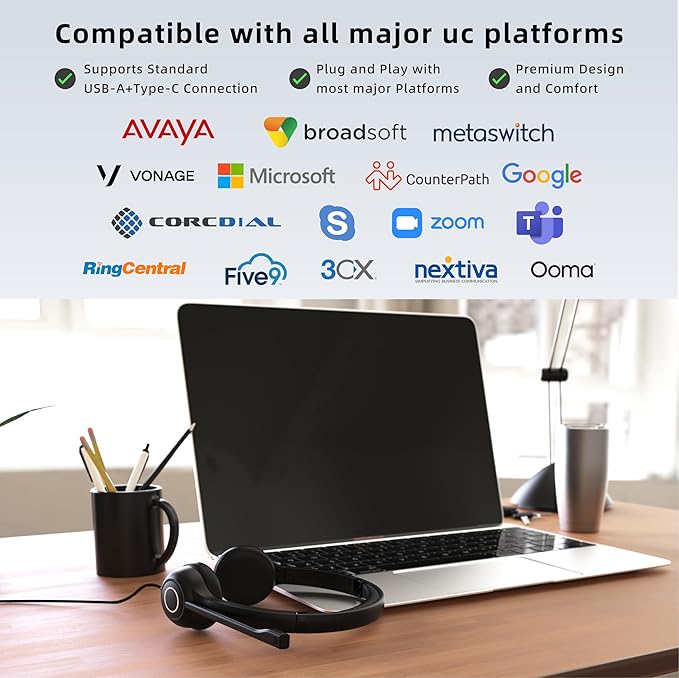 VoicePro 80 Office Wired Computer Headset with Teams Focus Busy Light | Noise Canceling Microphone | in-line Call Control | Compatible With All Call Platforms | USB-A and USB-C for PC and Cell Phone