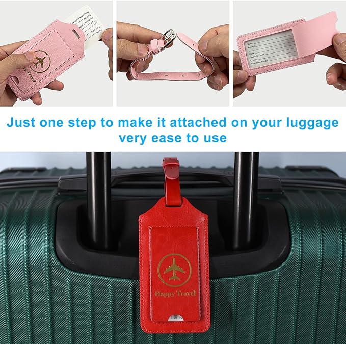 ACdream Luggage Tags 2 Pack, Leather Suitcase Tags Identifiers, Cute Cruise ID Labels with Privacy Cover fits on Backpack, Travel Bag, for Women/Men, Adults, Kids, Light Pink