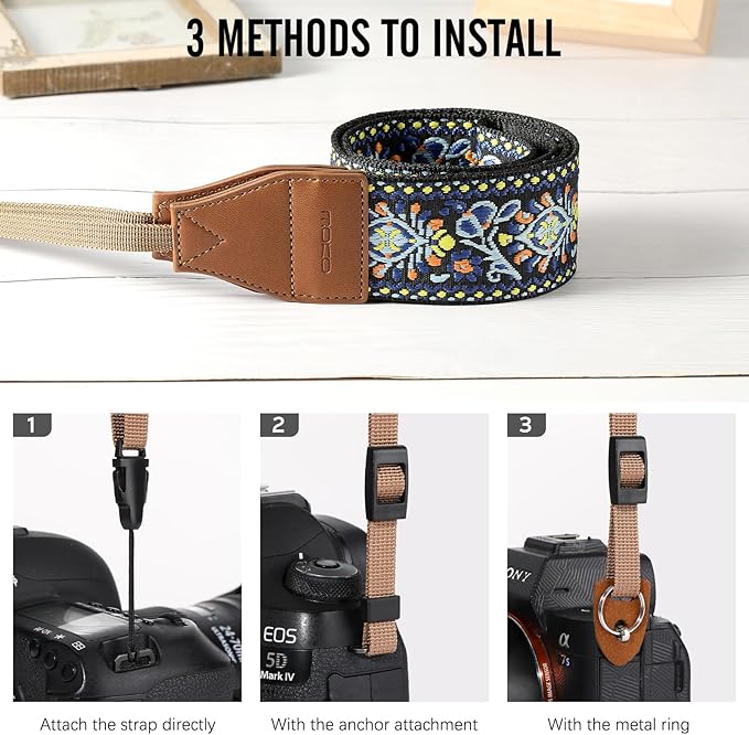 MoKo Camera Strap, Woven Vintage Camera Strap for DSLR Cameras, Adjustable Embroidered Neck & Shoulder Strap for Video Camcorder, Binoculars, and Nikon/Canon/Sony/Minolta Digital Cameras, Vintage Blue