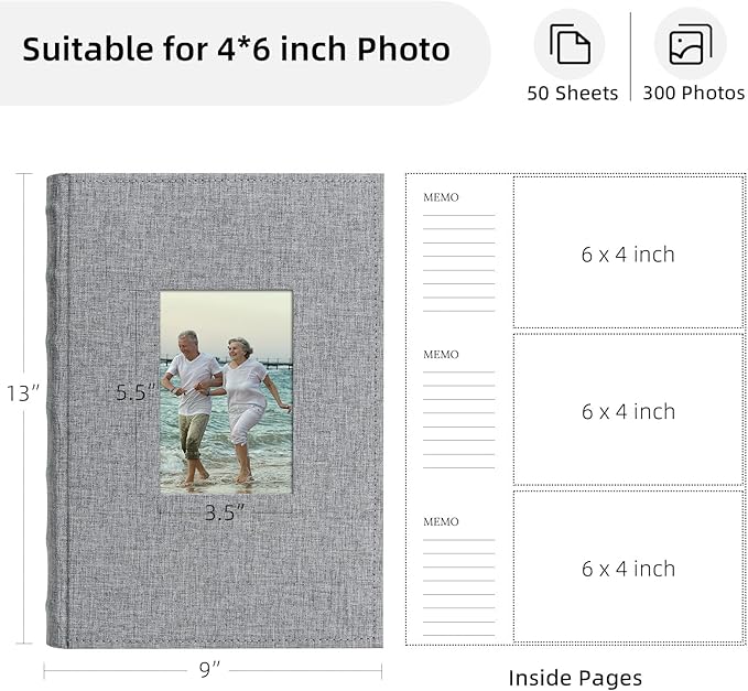 Vienrose Photo Album 4x6 300 Photos Linen Frame Cover with Memo Areas Photobook Large Capacity Slip-in Pictures Book for Wedding Baby Vacation, Grey