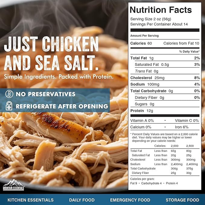MOUNTAIN ESSENTIALS Fully Cooked Canned Chicken 28 Oz – White Meat for Daily Meals, Camping & Emergency Food – Great for Snack, Lunch, Dinner Recipes – 5-Year Shelf Life – Made in USA – Pack of 12