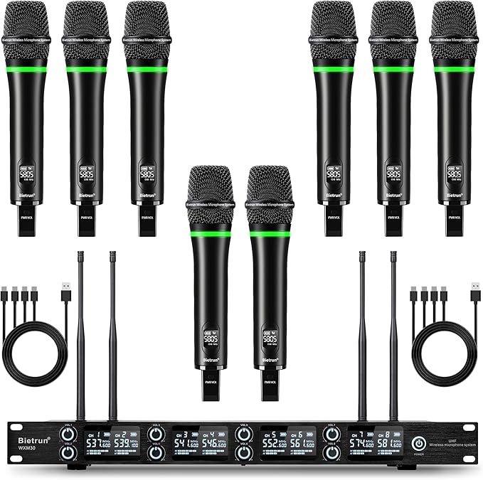 Bietrun 8-Channel Wireless Microphone System with 8 Rechargeable Mics Wireless, UHF 295ft Range, Professional Metal Cordless Dynamic Vocals Mics for Adults,Karaoke Party,Singing,Church,(Auto Connect)