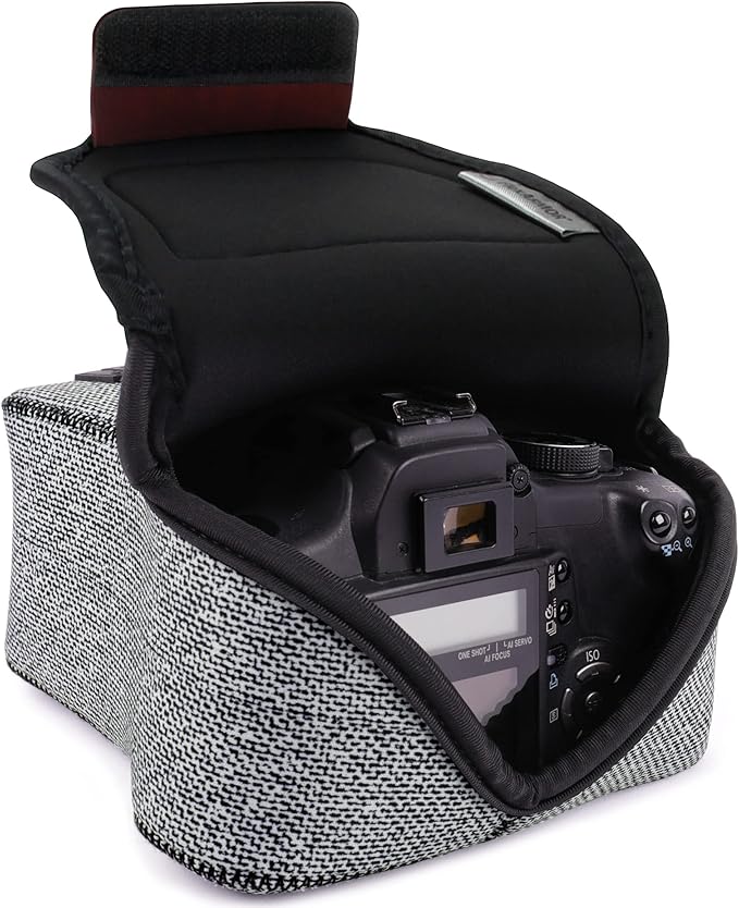 USA Gear Camera Sleeve (Medium) for Compact SLRs Compatible with Canon EOS R100 Nikon Z30 Sony ZV-E10, and more - Padded Neoprene DSLR Case with Zipper Accessory Pocket & Belt Loop (Gray Woven)