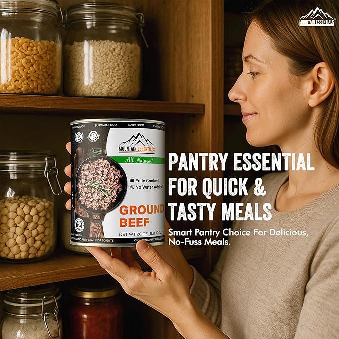 MOUNTAIN ESSENTIALS All Natural Canned Ground Beef 28 Oz Fully Cooked, Ready to Eat Hamburger Meat – Pantry Staple for Everyday Meals, Emergency & Survival – 5-Year Shelf Life – Made in USA – 12 Pack