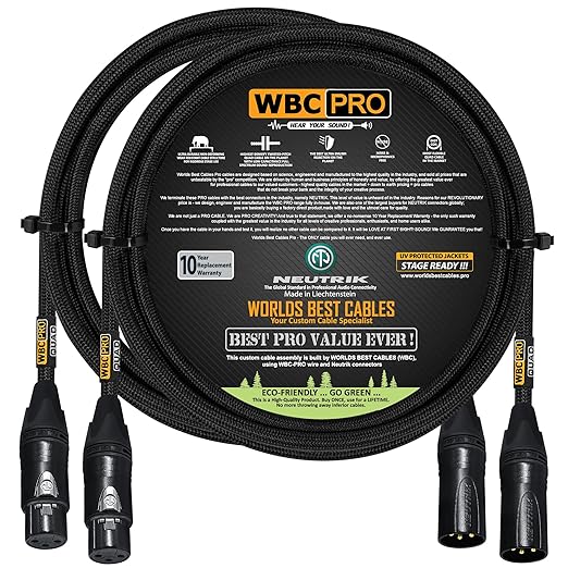 2 Units - 2 Foot - WBC-PRO-Quad Ultra-Silent Ultra-Flexible Balanced Star-Quad Cable with Neutrik Male & Female XLR Plugs & Black Tweed Jacket