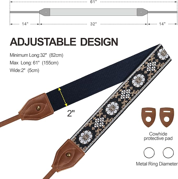 Padwa Lifestyle Camera Strap - 2" Wide Classic Vintage Crazy Horse Arts Cowhide Head Cotton Embroidered Universal Neck Shoulder & Crossbody Camera Straps for Photographers Gift and All DSLR Cameras