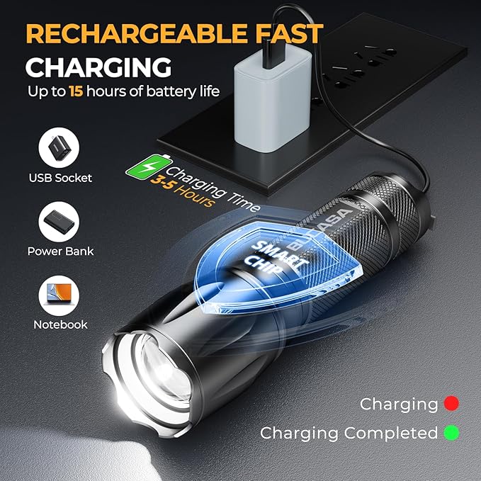 3 Pack Rechargeable Flashlights High Lumens, Brighter Small Flashlight Powerful Tactical Flashlights Rechargeable, Waterproof LED Flashlight with 3 Modes Zoomable for Camping Emergency