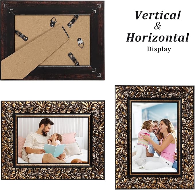 Edenseelake 4x6 Picture Frames Set of 2, Vintage Flower Relief Photo Frame 4 by 6 for Tabletop or Wall Display, Black-Gold