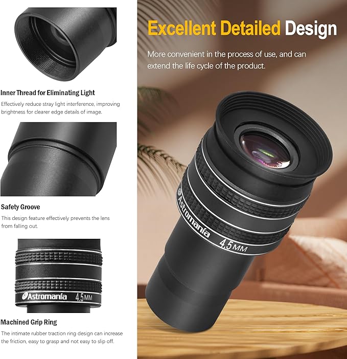 Astromania Telescope Eyepiece 4.5mm, Wide Angle 58 Degree Apparent Field Planetary Eyepiece for 1.25 inch Astronomy Telescope & Filter, Fully Multi-Coated Telescope Accessory for Planetary Observation