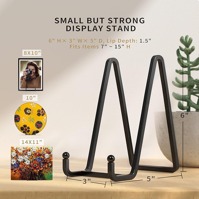 6 Inch Metal Square Picture Frame Easel Stands for Plates, Photos, Decor (Black, 2 Pack)