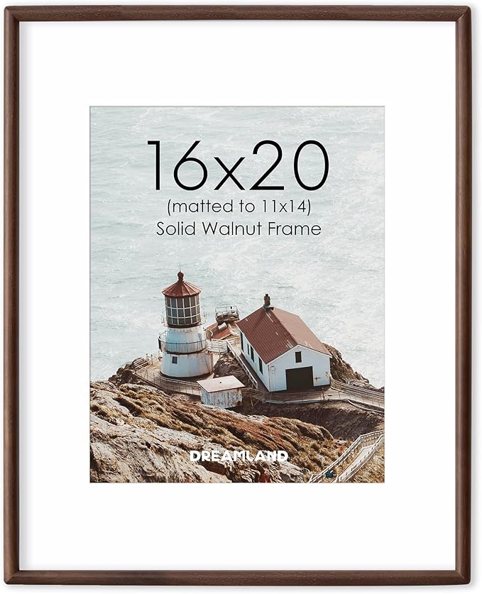 Dreamland 16x20 Natural Wood Frame Solid Walnut Wood Picture Frame Matted to 11x14 Handcrafted Rounded Cornerwith HD Tempered Glass Tabletop or Wall Mount Display, 1 Pack