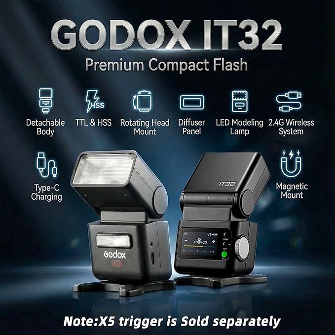 Godox IT32 Camera Flash-LCD Touchscreen Control,Flexible Flash Head,Built-in Reflector and Diffuser,LED Modeling Light,Compatible with Godox X5, X3, X2T, XPro, and XPro II Flash Triggers