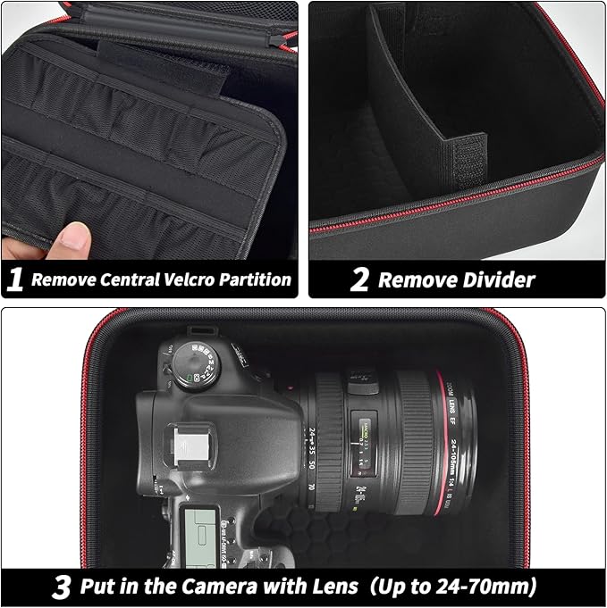 Comecase Hard Camera Case for Canon EOS Rebel T7 R50 R100 R10 R5 R6 R8 Mark II, DSLR Mirrorless Camera Bag with 6 Slots &Adjustable Divider for Lens and Accessories, Travel Storage, Black+Red Zipper