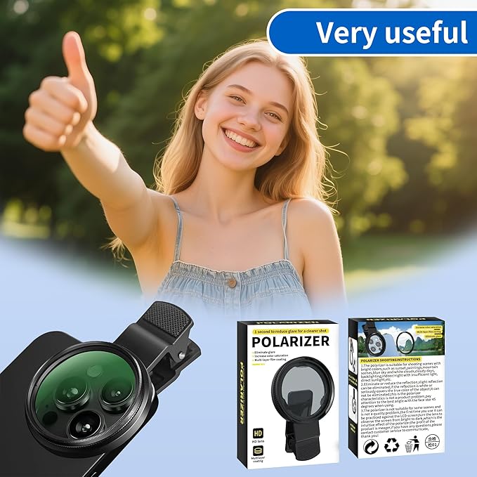 52mm Clip-on CPL Phone Camera Lens Filter–Universal CPL Filter Compatible with Smartphones, HD Polarizing Phone Lens to Reduce Glare Enhance Colors for Pro-Level Photos