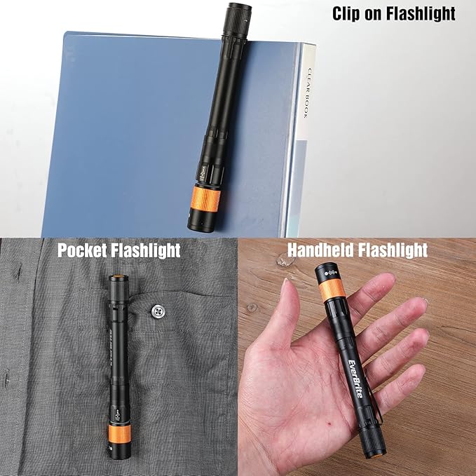 EverBrite Rechargeable Pen Light, 300 Lumens EDC Flashlight, Zoomable LED Pocket Flashlight with Clip, Memory Function and USB C Cable Included, for Camping, Emergency, Charcoal Black