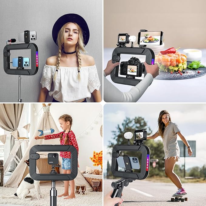 RGB Smartphone Video Rig with Light, Handheld Phone Camera Stabilizer with LED Ring Light, 2500-8500K Selfie Light for Tiktok, YouTube, Live Steam, Video Recording, Make up