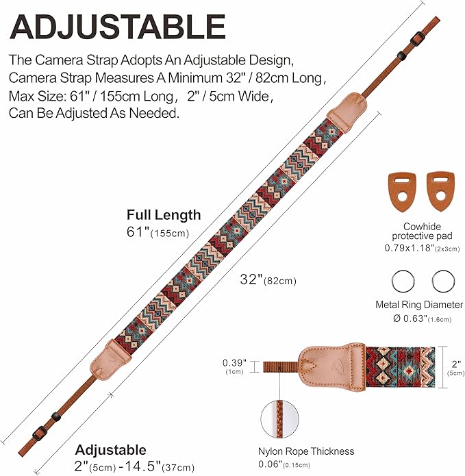 Padwa Lifestyle Camera Strap - 2" Cowhide Head Camera Straps for Photographers,Vintage Jacquard Embroidery Woven Cotton Adjustable Shoulder Neck Straps for Cameras,Binoculars（Cool Ethnic Style Brown）