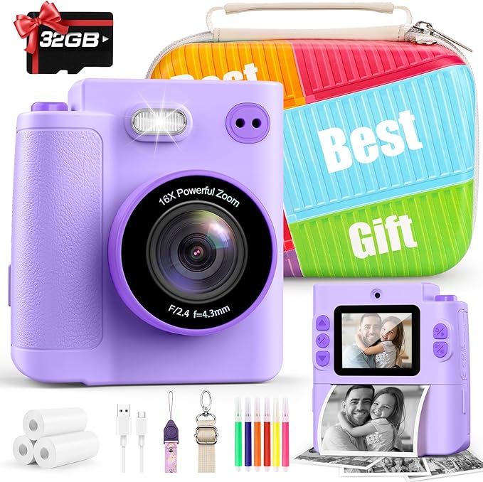 Kids Camera Gift for Girls: Selfie Digital Instant Print Cameras HD Toys for Kids Teen Girls Boys Ages 3 4 5 6 7 8 9 10 12 Birthday Christmas Valentines Easter Gifts with 32G SD Card Purple
