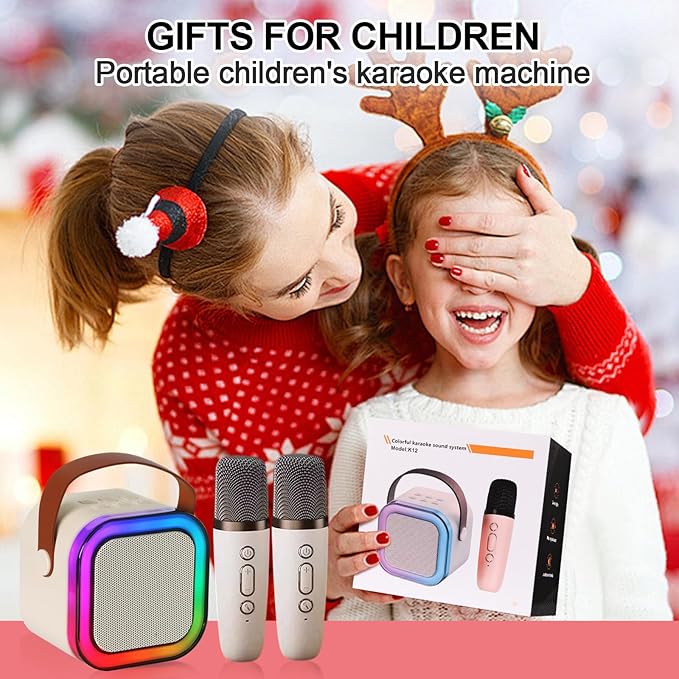Karaoke Machine for Kids, Kids Karaoke Machine Gifts for Girls and Boys Family Party, Kids Karaoke Machine for Girls with 2 Wireless Microphones, Mini Portable Bluetooth Speaker (Ivory)