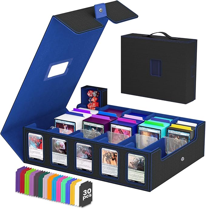 Trading Card Storage Box, 5 Row Card Deck Case with Commander Display & Portable Handle, 4200+ Card Deck Boxes Compatible for MTG TCG Magic Cards, 30 Divider, 8 Supporters, 1 Dice Tray (Black & Blue)