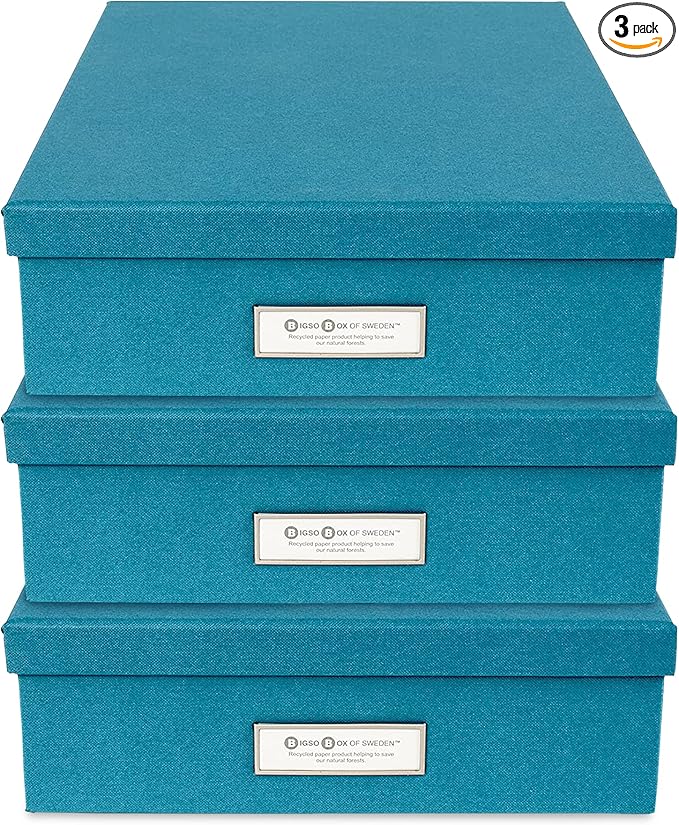 Bigso Box of Sweden Oskar Fiberboard Label Frame Document Letter Box | File Organizer Document Box | Document Storage Box with a Lid & Label Window | 3.3″x10.2″x13.8″ | Pack of 3 | Turquoise
