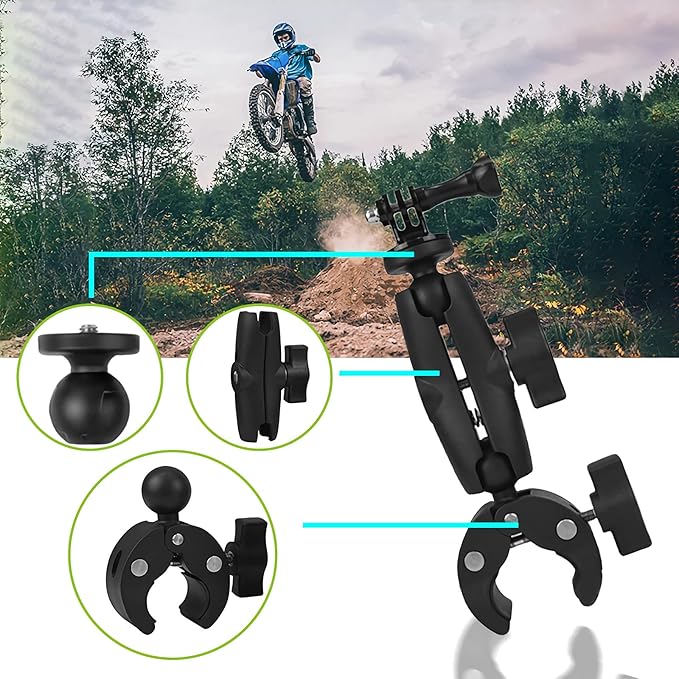 Handlebar Clamp Motorbike Mount for Insta360 ACE Pro One X4 X3, X2, X, One R, RS, GO 2, GoPro Hero, with Double Ball Head Super Clamp Mount Adapter Accessories