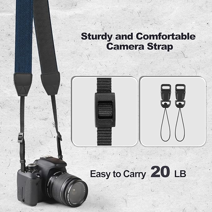 Universal Camera Strap - Camera Neck Strap, Adjustable Shoulder Straps Compatible with Canon, Fujifilm, Nikon, Olympus, Panasonic and other SLR and mirrorless cameras - Blue and Black Stripes