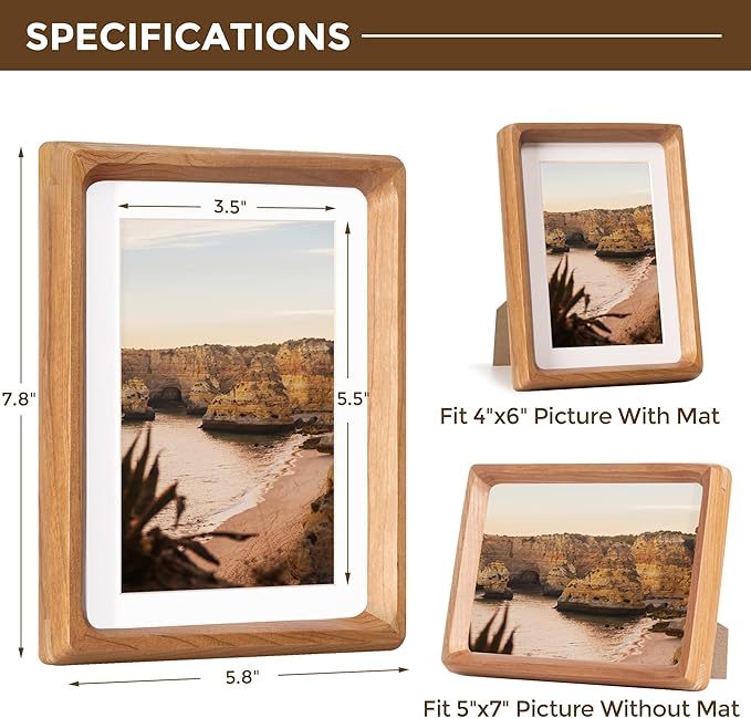 5x7 Picture Frame USA-Sourced Natural Cherry Wood Solid Original Wood Photo Frame Rounded Corner with Mat to 4x6 Picture Display with Real Glass Family Picture, Wedding Picture, Photo, Certificate