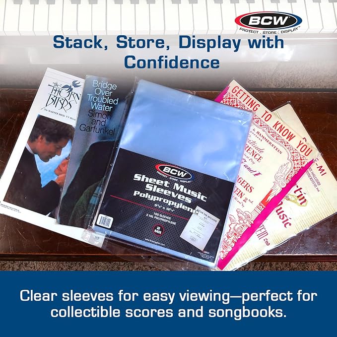 BCW Sheet Music Sleeves - Archival Quality, 100 Pack, 9 3/8x12 1/4 in