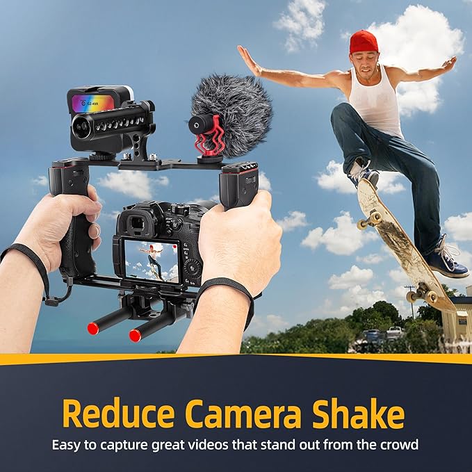 Zeadio Camera Video Rig Cage, Aluminum Filmmaking Movie Making Kit with Top Handle, Arca Type Base, 15mm Rod Guide, RGB Light&Microphone, Compatible with All DSLR Camera and Camcorder