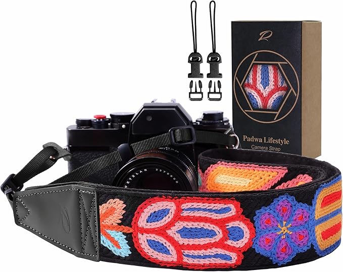 Padwa Lifestyle Colorful Crochet Camera Strap - 2" Full Grain Leather Ends Camera Straps for Photographers, Vintage Woven Cotton Soft Suede Fabric Padded Strap with Quick Release fits All Cameras