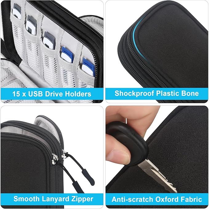Lacdo USB Flash Drive Case Thumb Drive Holder Case Organizer Portable Electronic Accessories Storage Bag for SanDisk/SamData/Samsung USB Flash Drives Jump Drive Memory Stick, Cable, Medium Size-Black