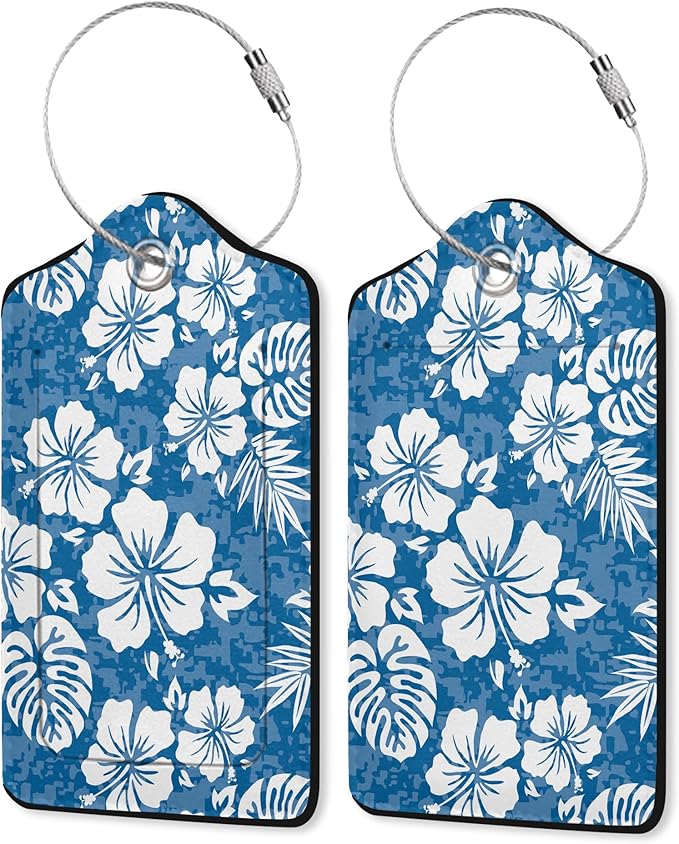 Summer Luggage Tag for Suitcase,Blue Hawaiian Hibiscus Flowers Tropical Unique Travel Tags with Privacy Cover ID Label & Stainless Steel Loop for Men Women