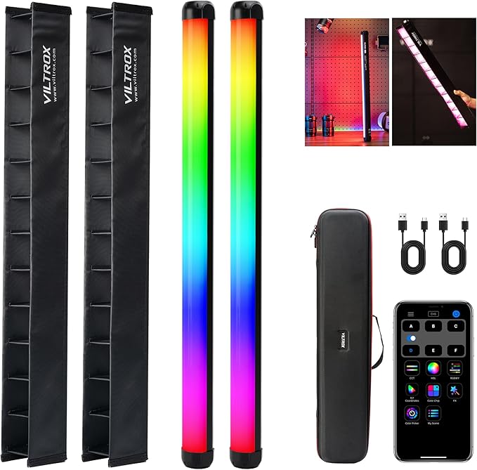 VILTROX K60 2 Pack RGB LED Video Light Stick with APP Control, Handheld 360° RGB Tube Light Wand for Photography, 2500K-8500K Dimmable, CRI97+,26 Light Scenes, LCD Display, 2200mAh Battery